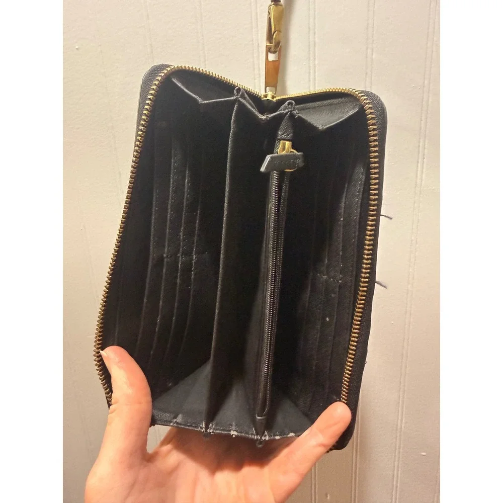 Fossil Black Leather Embossed Zip Around Wristlet Wallet Boho Geometric
